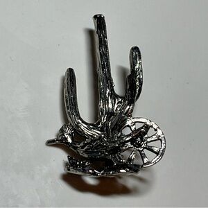 Road Runner And Cactus Silver Tone Brooch